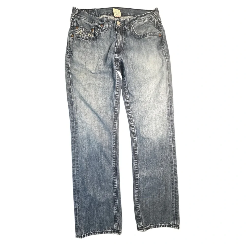 True Religion Ricky Straight Jeans Men 34 Blue Medium Wash Made in USA Horseshoe